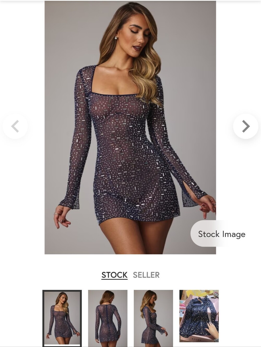 Sheer Long-Sleeve Square-Neck Mini Dress in Navy Sparkle Oh Polly